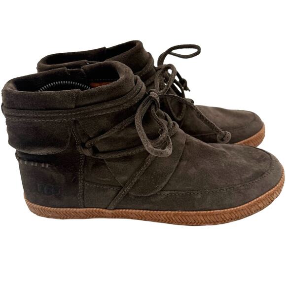 Ugg Women's Reid Suede Ankle Casual Soft Flexible Moccasin Bootie Olive Green 7 - Picture 1 of 5